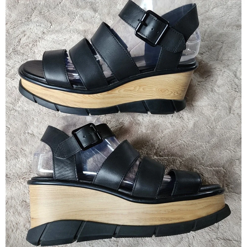 Sorel Joanie III Black Ankle Strap Leather Wedge Sandals Womens 8.5 1986121010
